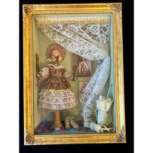 Vintage Victorian Fashion Shadow Box 3D Dress Lace Gold Frame Miniature Decor